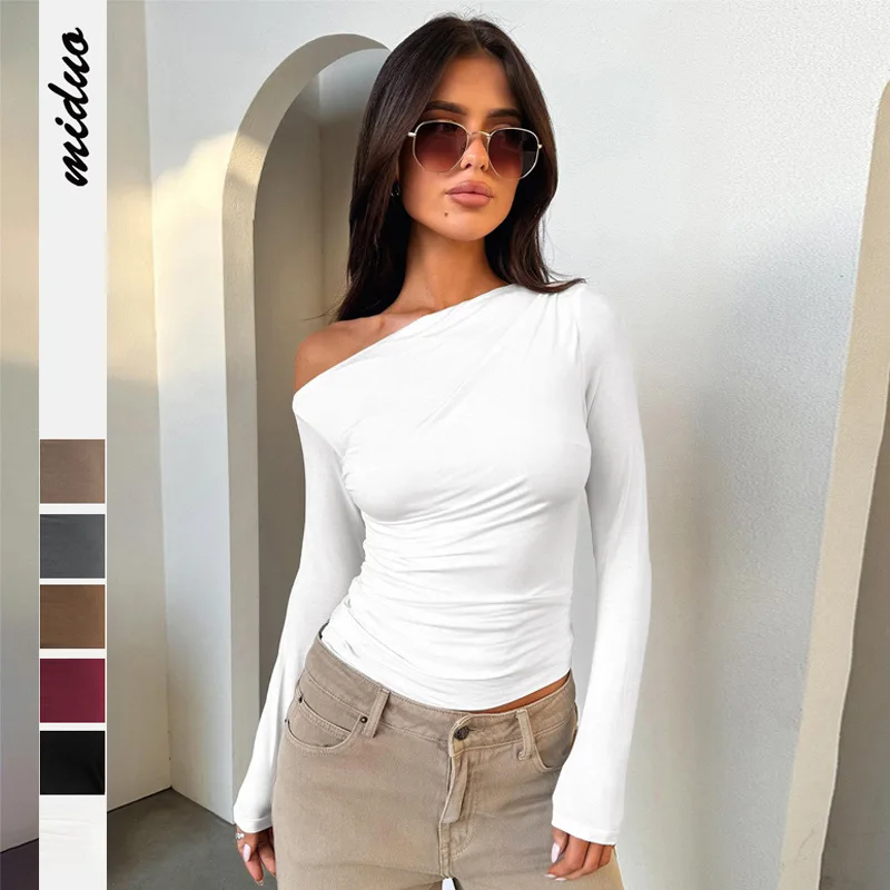 Women's One Shoulder Top Spring Summer Lady's Solor Color Bottoming Shirt Female Slim Base Shirt Women's Top With Sleeves