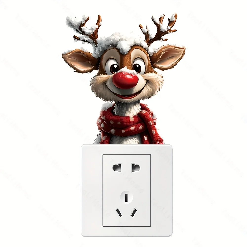 1pc Funny Christmas Reindeer Switch Sticker Festival Wall Decoration for Bedroom Living Room Washroom Self-adhesive Vinyl Decal