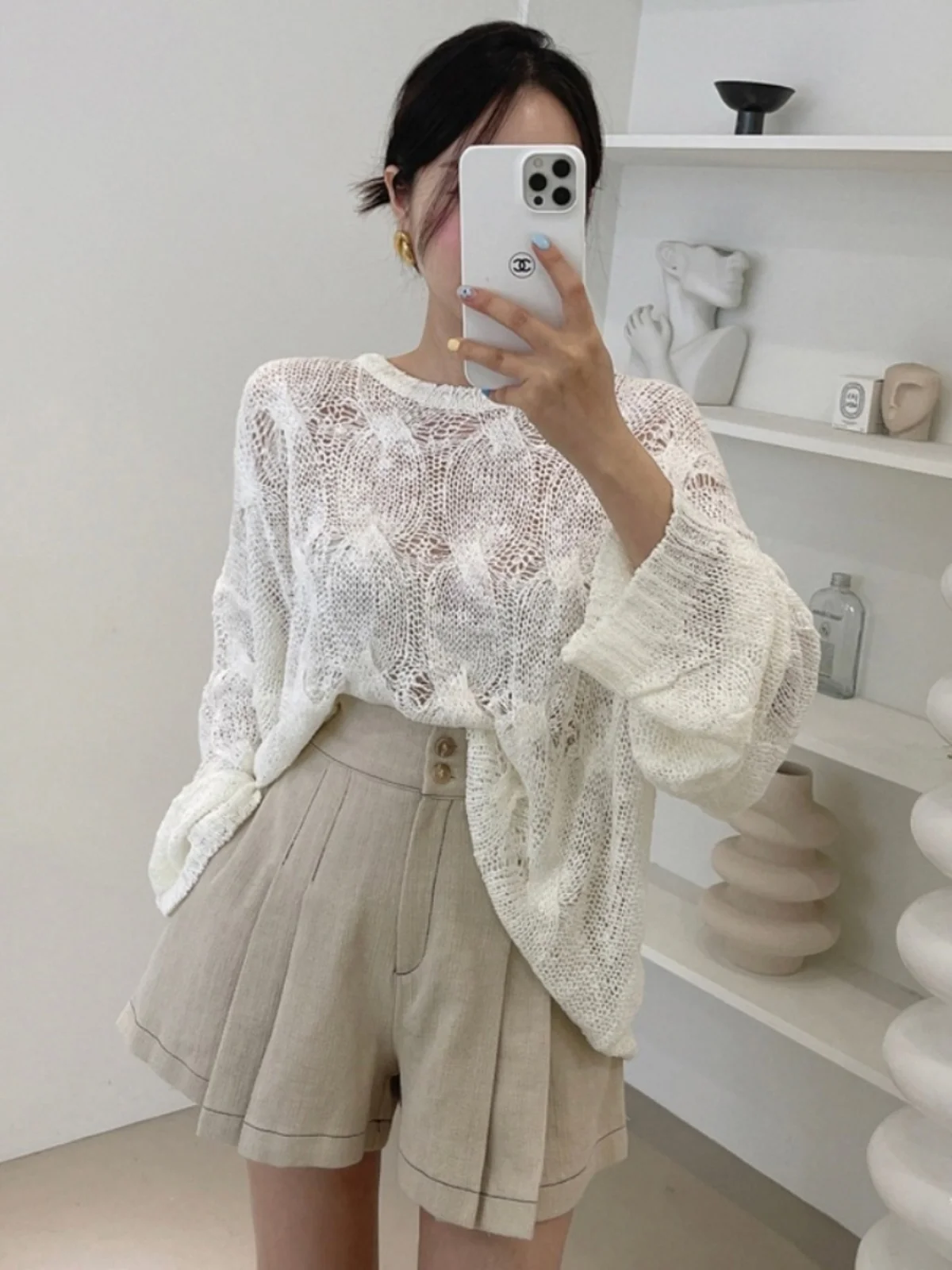 

Spring Faion Loose Wide Leg Long Sve Knitwear Set for Women Transparent Micro Hollow out High Waist orts Two Piece Set