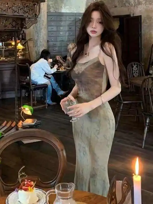 فستان صيفي طويل مطبوع عليه ريترو Dr للسيدات من Sli Chic Strapl بخصر عالٍ Ins Sle على شكل حرف A ميدي Dr بدون Sl... #3