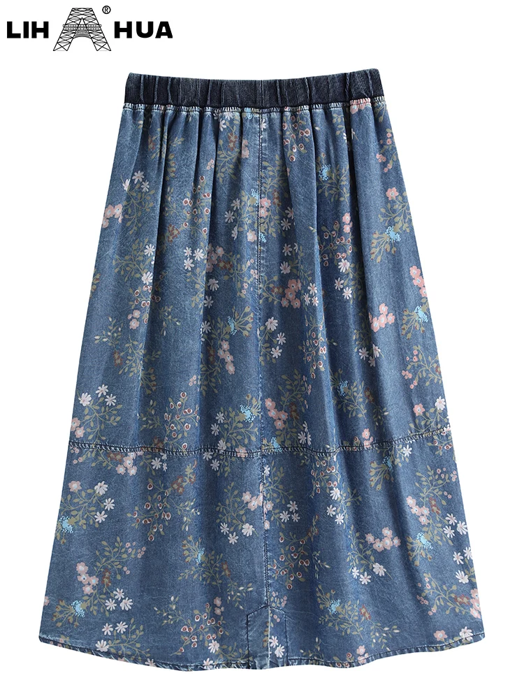 LIH HUA Vrouwen Plus Size Denim Rok Lente Chic Elegante Rok Voor Mollige Vrouwen Katoen Geweven Rok