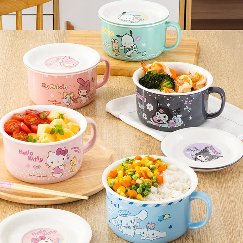 

Sanrio Kawaii Hello Kitty Rice Bowl Kuromi Cinnamoroll Anime Cartoon Cute Student Home Healthy Safe Instant Noodle Bowl with Lid