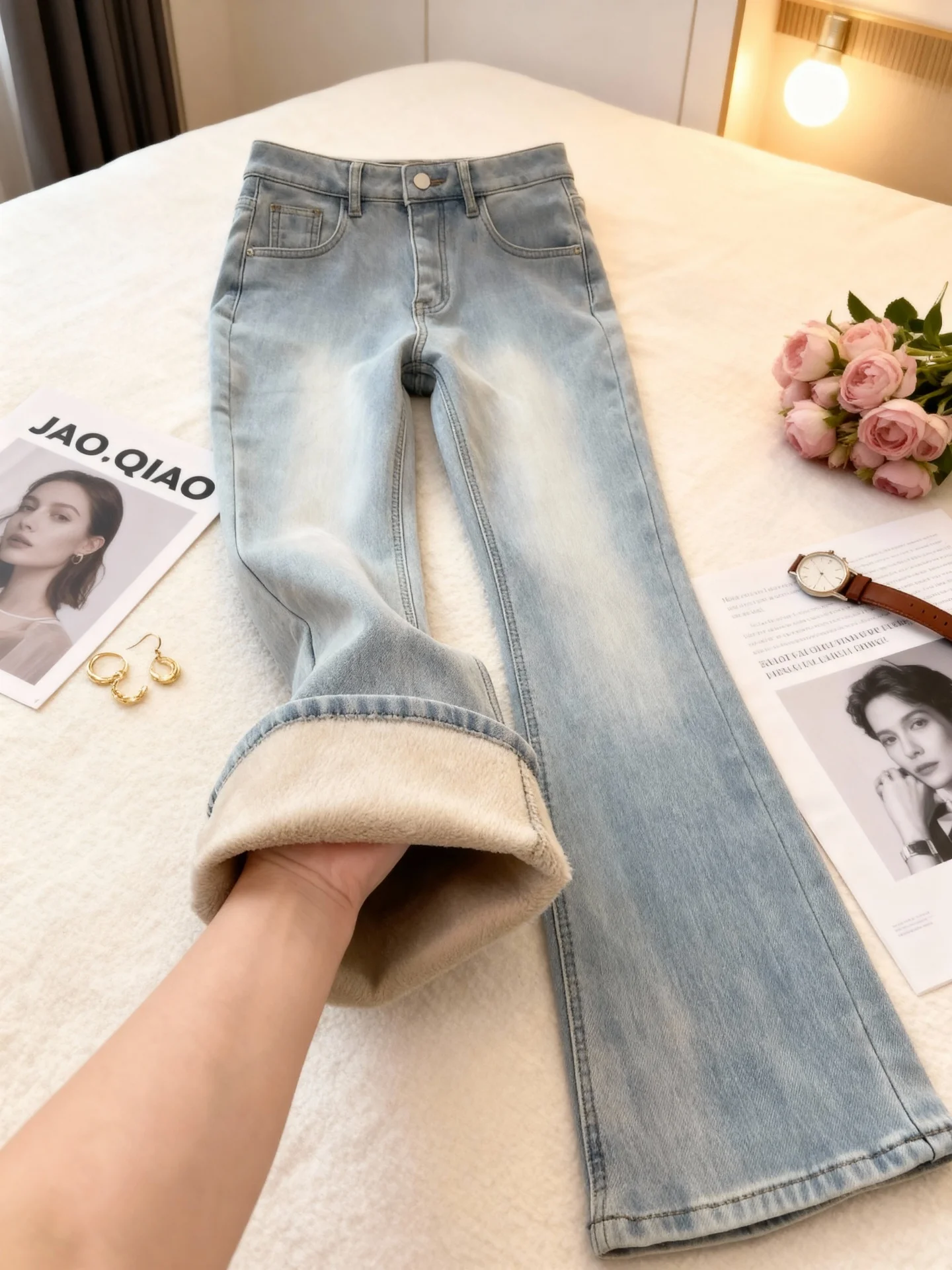 

Женские зимние джинсы с подкладкой Thiened Fce, большие размеры, эластичные расклешенные брюки небольшого размера с высокой талией