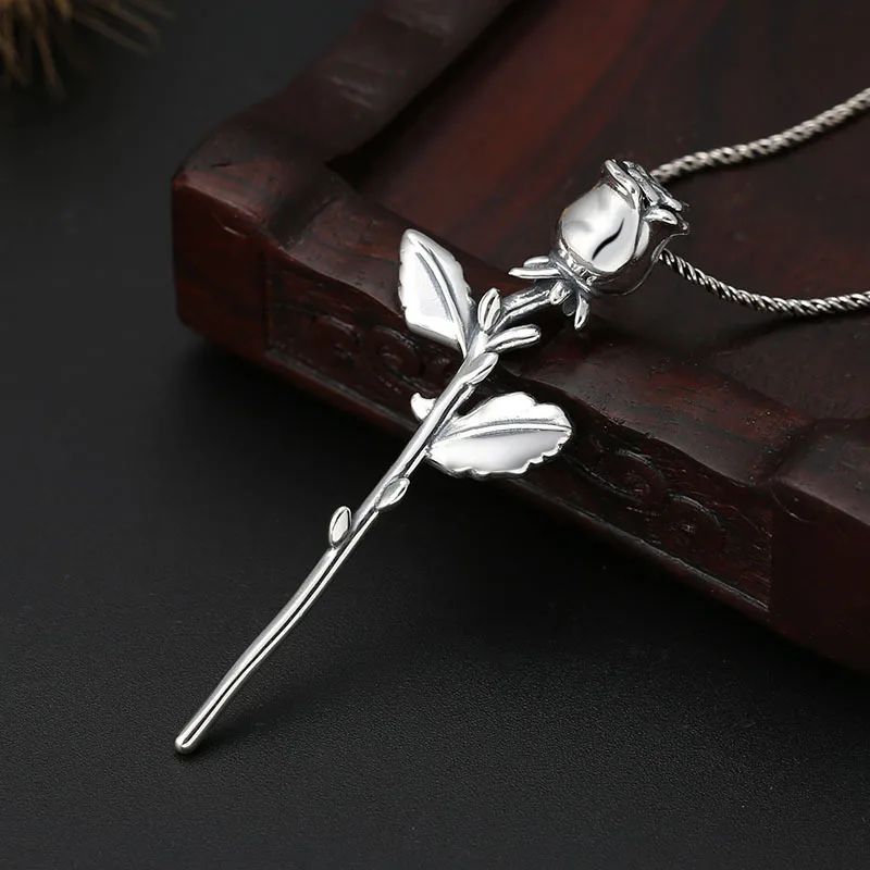 S925 Sterling Silver Rose Pendant Black Color Old Process Flower Unisex Fine Jewelry FYNE414