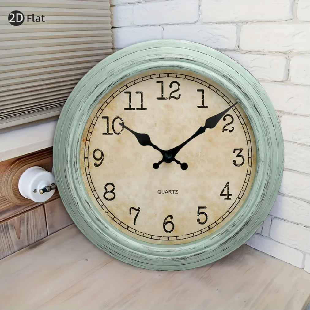 Retro Mint Green Distressed Wooden Wall Clock, 20.32 X 25.4 X 30.48 Cm Round Silent Quartz Clock, Beige Vintage with Black Numbers, Battery-Operated Decor, Suitable for Living Room Set