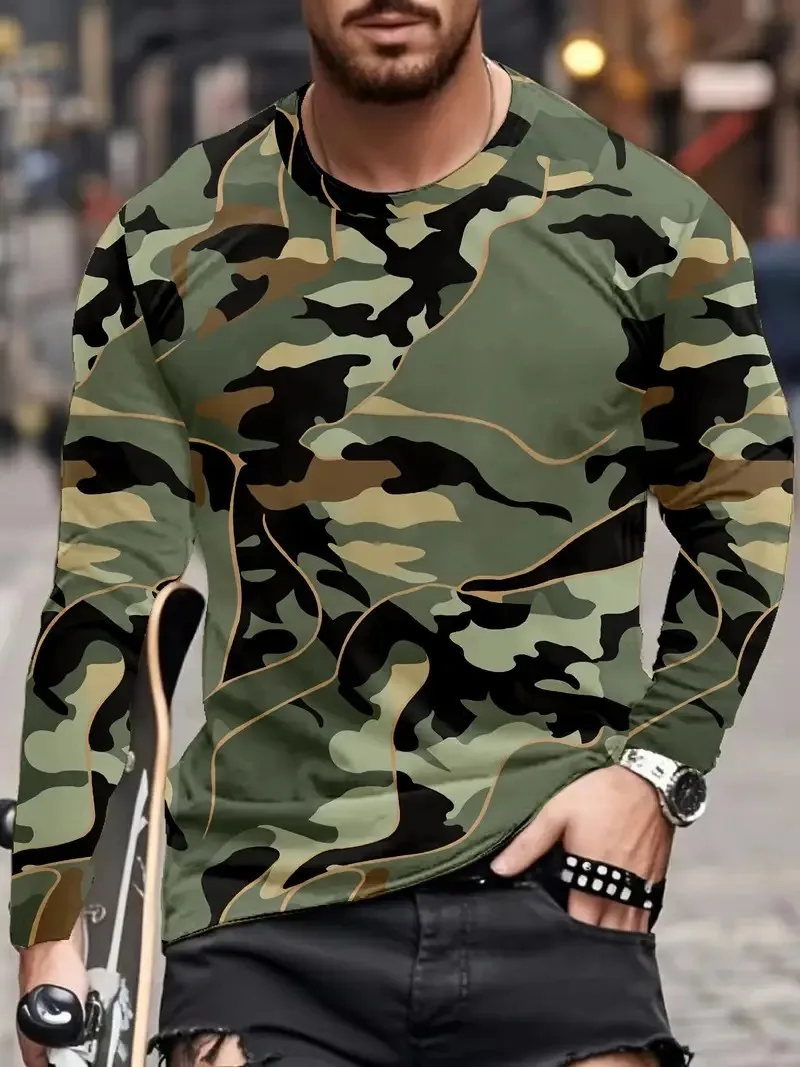 Das neue Herren-Langarm-T-Shirt für Frühling und Herbst 2025. ist lässig, modisch und bequem mit 3D-Camouflage-Druck