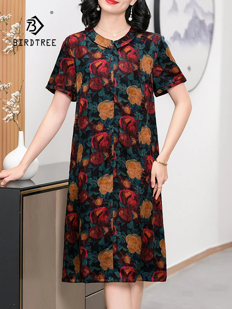 

BirdTree, 100%Mulberry Silk Retro Dresses, Women's XiangYunSha Printed, Chinese Style Large Mom Dress, 2024 Summer New D44441QC