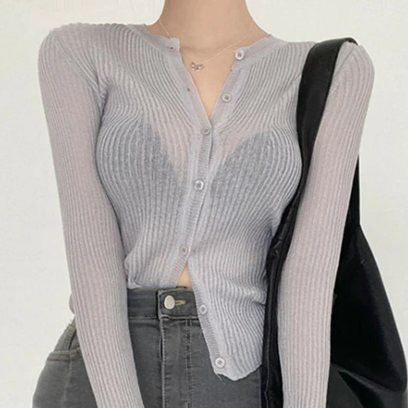 

Dongda Gate Slim Fit Sexy Versatile Soft Sun Protection Thin Long Sleeve Knitted Sweater Women's Fashion Summer V-neck Cardigan