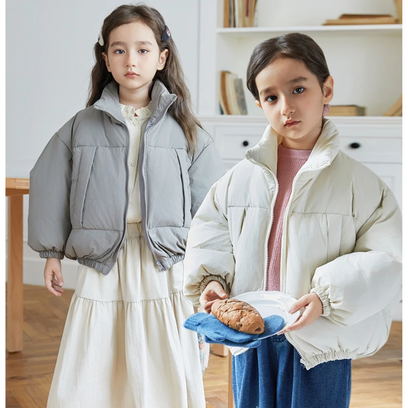 Girls Jacket Winter New Solid Color Thick Warm Stand Collar Zipper Bread Jacket Autumn Girls Cotton Down Snow Clothes 3-8 Years