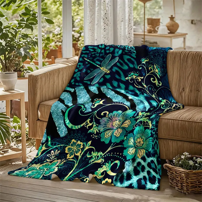 Dragonfly Bohemian Teal Gold Flannel Blanket Perfect for Sofa Office Bed Travel Sleep Read Relax Camping Four Season Use