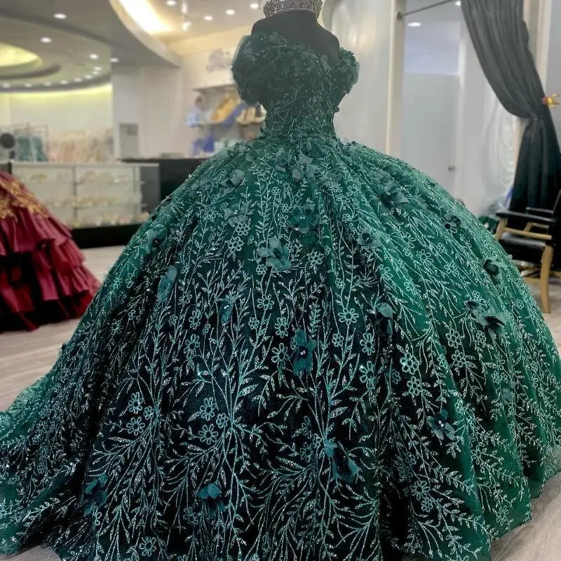 

Emerald Green Quinceanera Dress Lace Applique Beads Off Shoulder Sweet 16 Robe De Soirée Vestidos