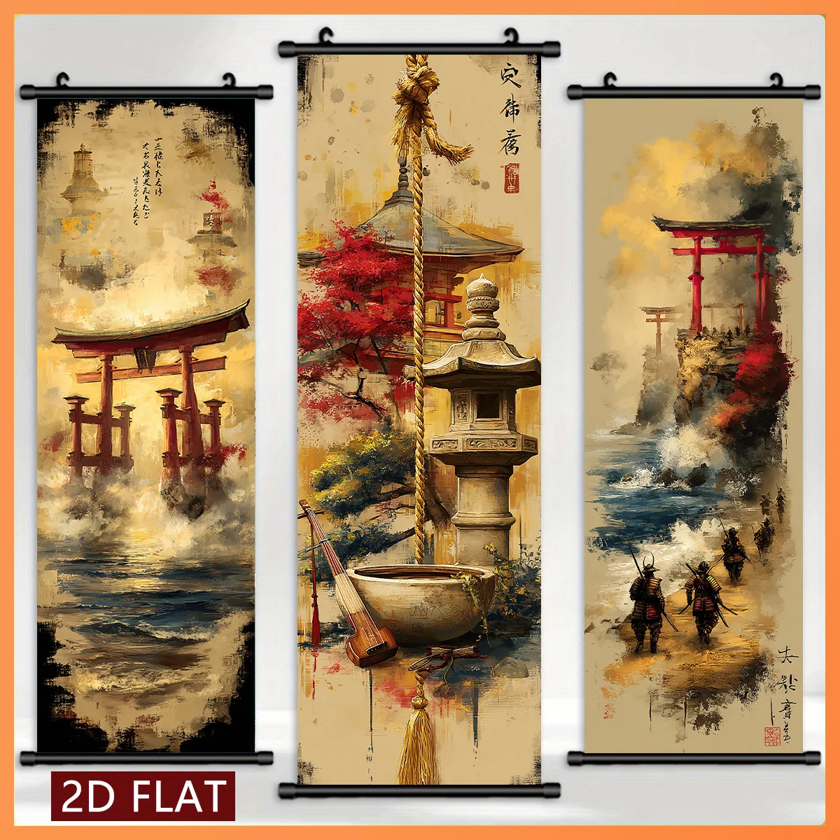 VIKAMA Vintage Japanese Torii Seascape 3 Piece Wall Scroll Tapestry Set Oriental Painting Wall Art Decor for Living Room Bedroom