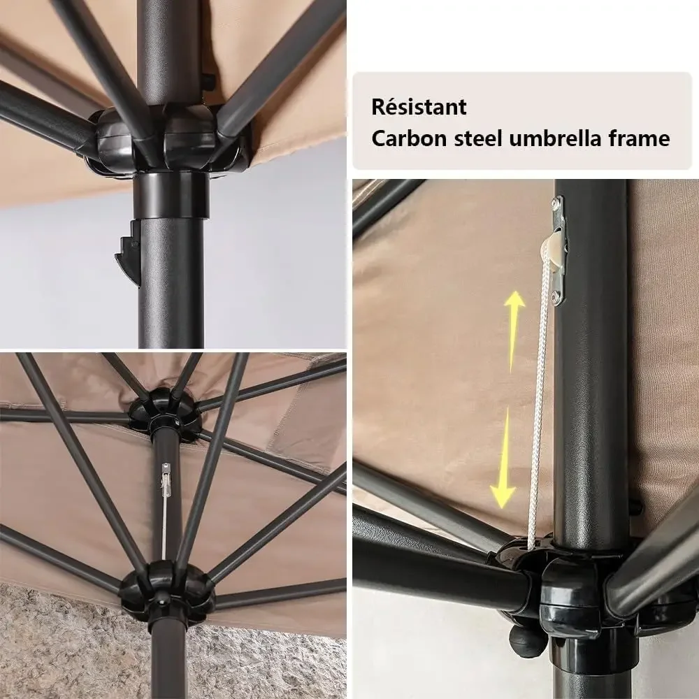 10ft x 5ft Outdoor Patio Round Umbrella with 6 Ribs for Market, Wall, Balcony, Deck, Porch (Coffee)