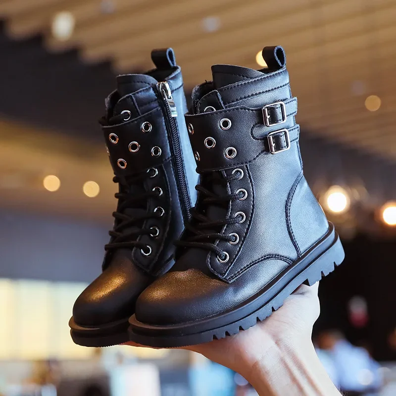 Girls Boots 2024 Autumn Winter Kids Fashion Boots Side Zipper with Metal Buckle Fashion Classic Children Rubber Boots Black New