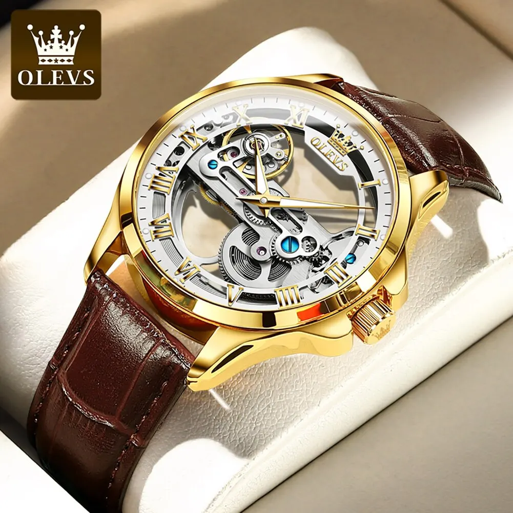 OLEVS-Relógio de pulso mecânico automático masculino de luxo, esqueleto Design, impermeável, pulseira de couro, relógio masculino