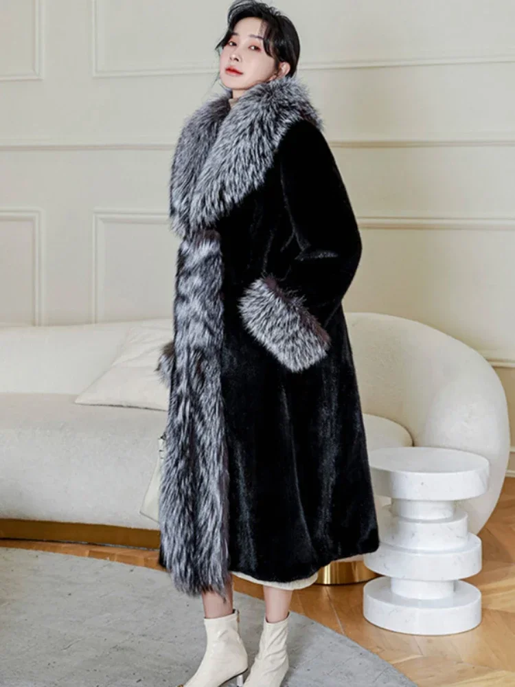 Women Faux Fur jacket Spliced Coats Casual Long Jacket Fur Outerwear Patchwork Loose Fit 2025 Autumn Pockets Turn Down Collar