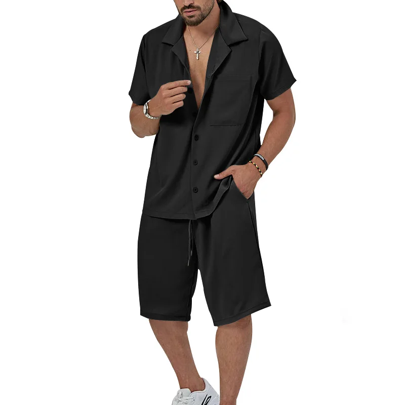 Men\'s Summer Casual Short Sleeved Shorts Simple Family Set Shirt Outdoor 2-Piece Breathable Beach Set