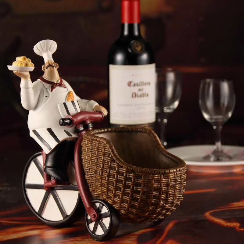 Fat Chef and Trolly Figurine Wine Display Holder Ornamental Polyresin Bar Kitchen Cook Decoration Supplies Craft Accessories