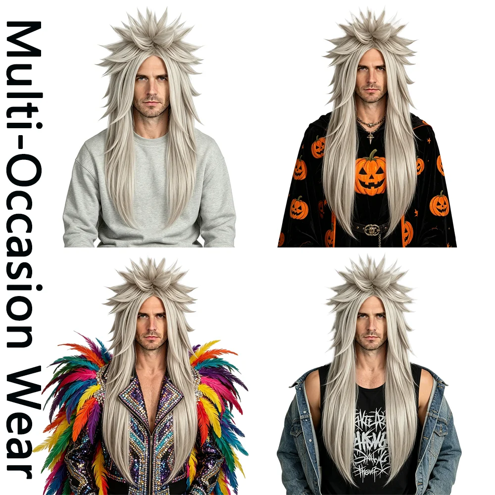 Light Ash Gray Spiky Long Straight Ponytail Cosplay Wig Unisex Heat Resistant Synthetic Anime Wig for Halloween Party Costume