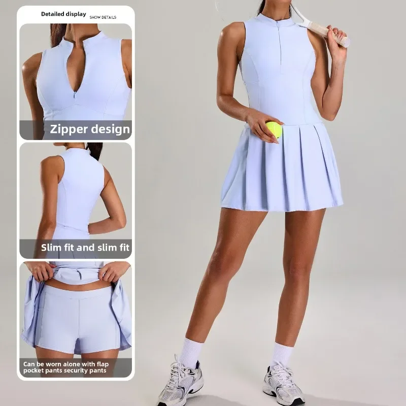 Vestido deportivo ajustado con cintura a la moda para mujer, ropa de tenis antideslizante con cremallera, falda de tenis para correr al aire libre y Fitness