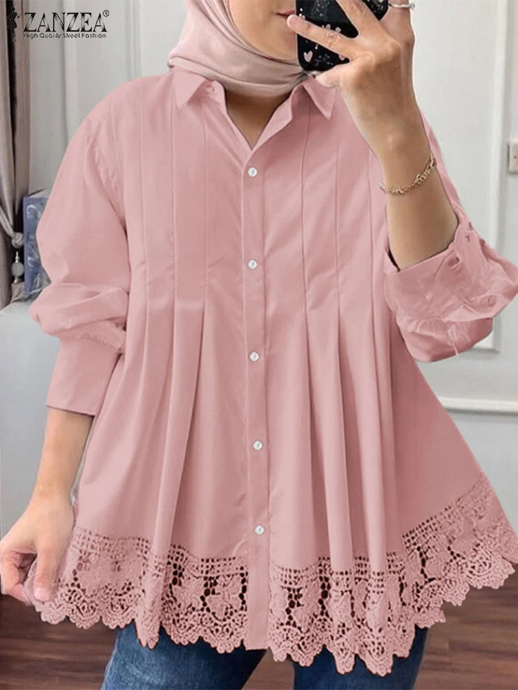 

ZANZEA Muslim Casual Shirts Islamic Modest Style Turn-Down Collar Lace Patchwork Pleated Tops Long Sleeve Woman Chemise Femme