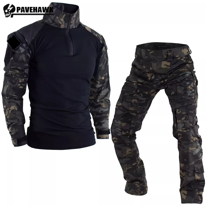 

Summer Outdoors Tactical Set Men Thin Quick Drying Combat Training Uniform Camo Patchwork Tops+Multi Pocket Cargo Pants Suit