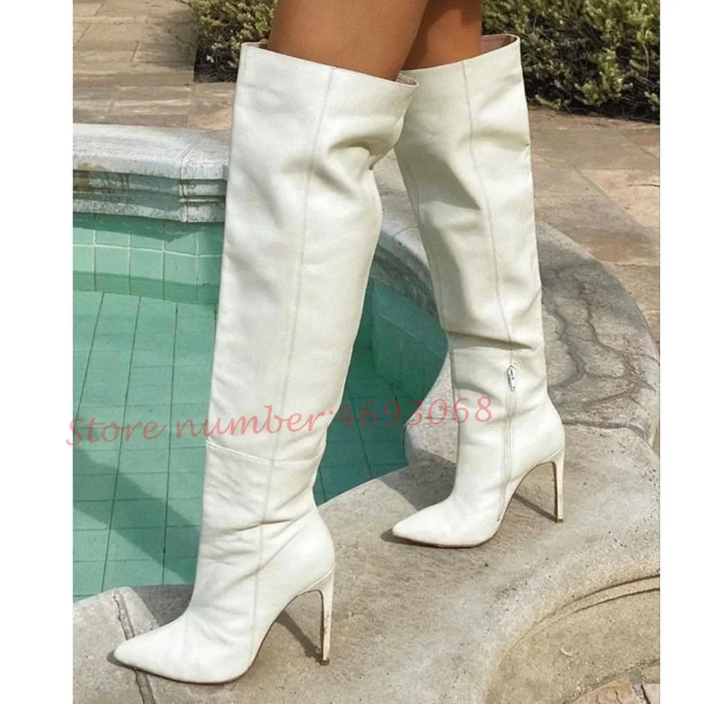 

White Splike Heels Patchwork Boots Sexy Women Leather Knee High Boots High Quality Funky Autumn Side Zipper Modern High Boots