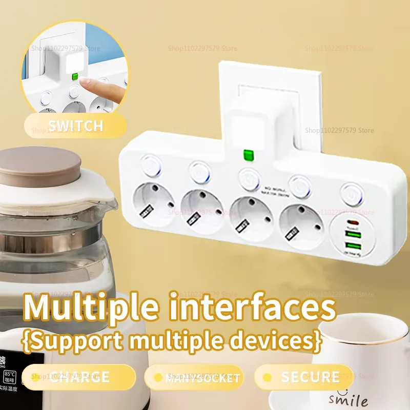 

Адаптер розетки европейского стандарта Беспроводное настенное зарядное устройство Удлинитель с 4 розетками переменного тока + 2 USB-портами + 1 адаптер розетки типа C 6-в-1