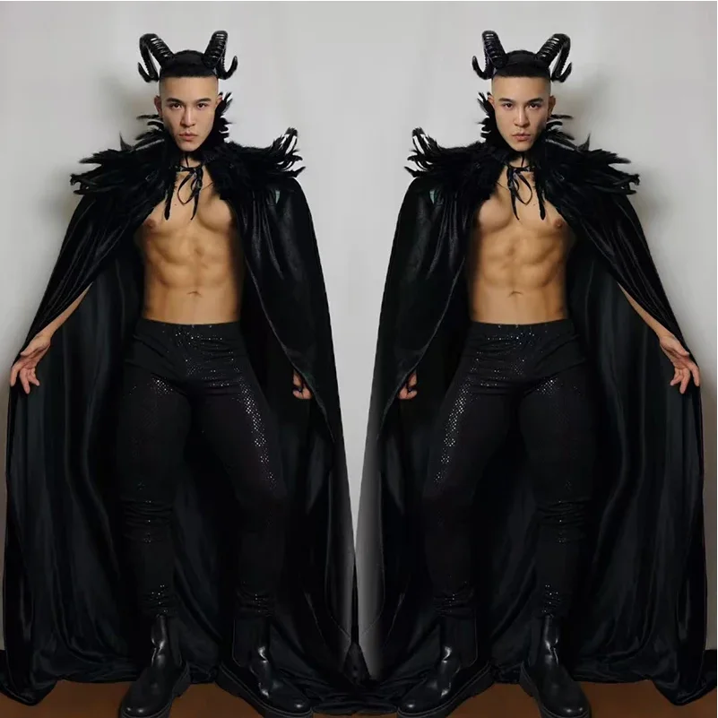 ชุดแสดงบนเวทีสำหรับผู้ชายในวันฮาโลวีน ชุดคลุมขนนก กางเกงสีดำ ชุดนักเต้นโกโก้ ชุดคอสเพลย์ ชุดแต่งกายดราเกอร์ yj572