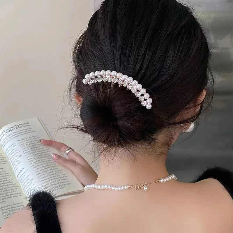 Pearl Water Diamond Metal Pan Hair Insert Comb Ball Head New Year Pan Hair Comb Hairpin Mother\'s Day Holiday Gift Hair Accessory