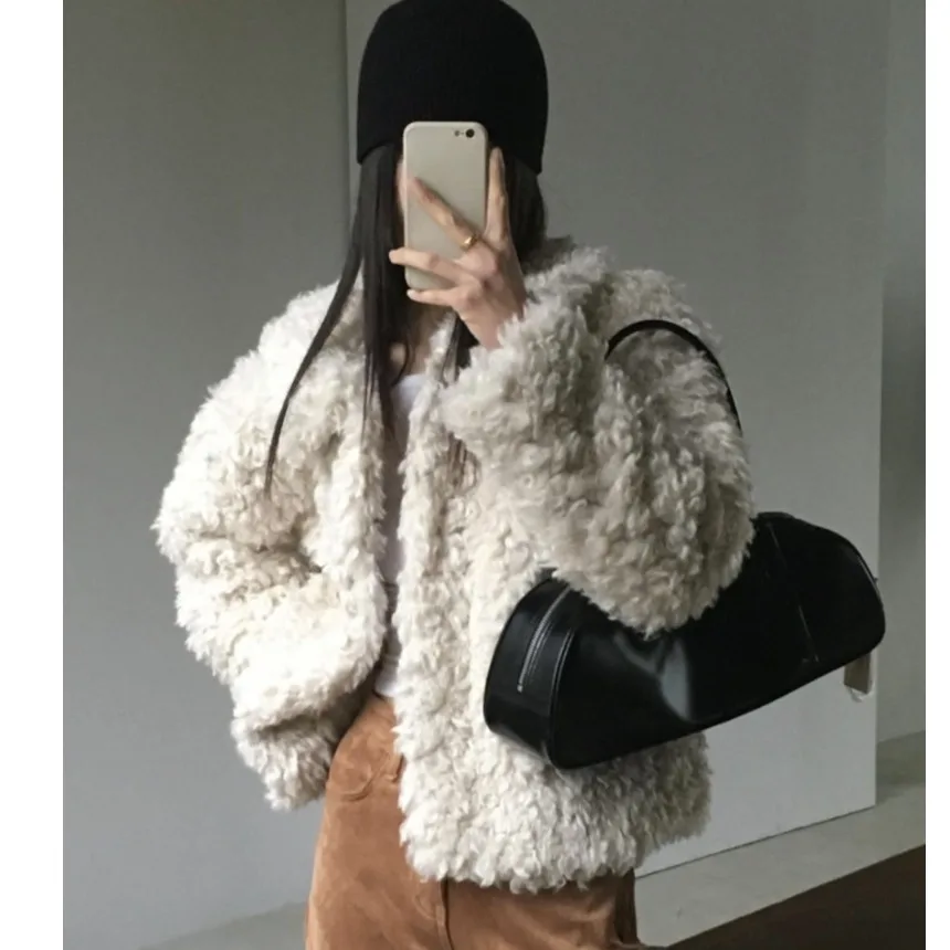 

Korean Chic ort Design Women's Jaet Faionable Fur Coat Zipper Simple Sli Sweet Sle Collar Winter Outerwear