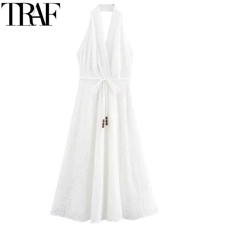 

TRAF Halter Neck Embroidery White Dresses Woman Pleated Summer Long Dresses Women Off Shoulder Party Dresses Backless Midi Dress