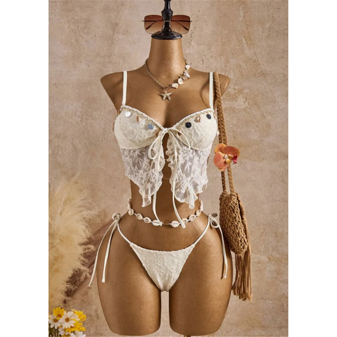 S - XL, Tankini mit Wellenmuster, Bikini mit hohem Beinausschnitt, Damen-Badeanzug, zweiteiliges Bikini-Set, Badebekleidung, Badeanzug, Modell V8064. – Detail 7