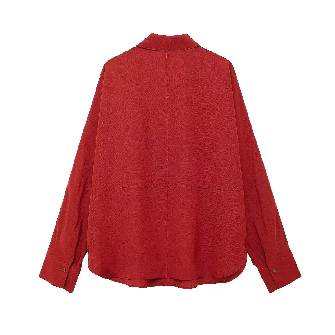 TRAF 2024 Red Oversized Shirt Women Collar Button up Shirt Woman Long Sleeve Shirts and Blouses for Woman Summer Casual Blouses