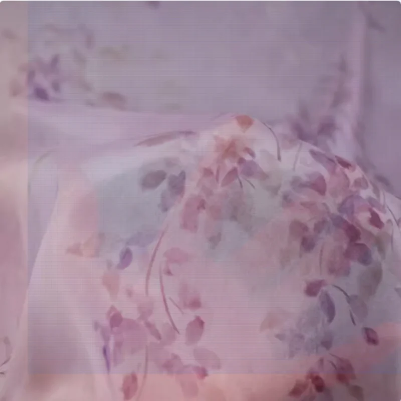 Tessuto Chiffon di alta qualità con stampa floreale viola rosa di bellezza, abito Cheongsam panno Han tessuto per cucire fatto a mano trasparente