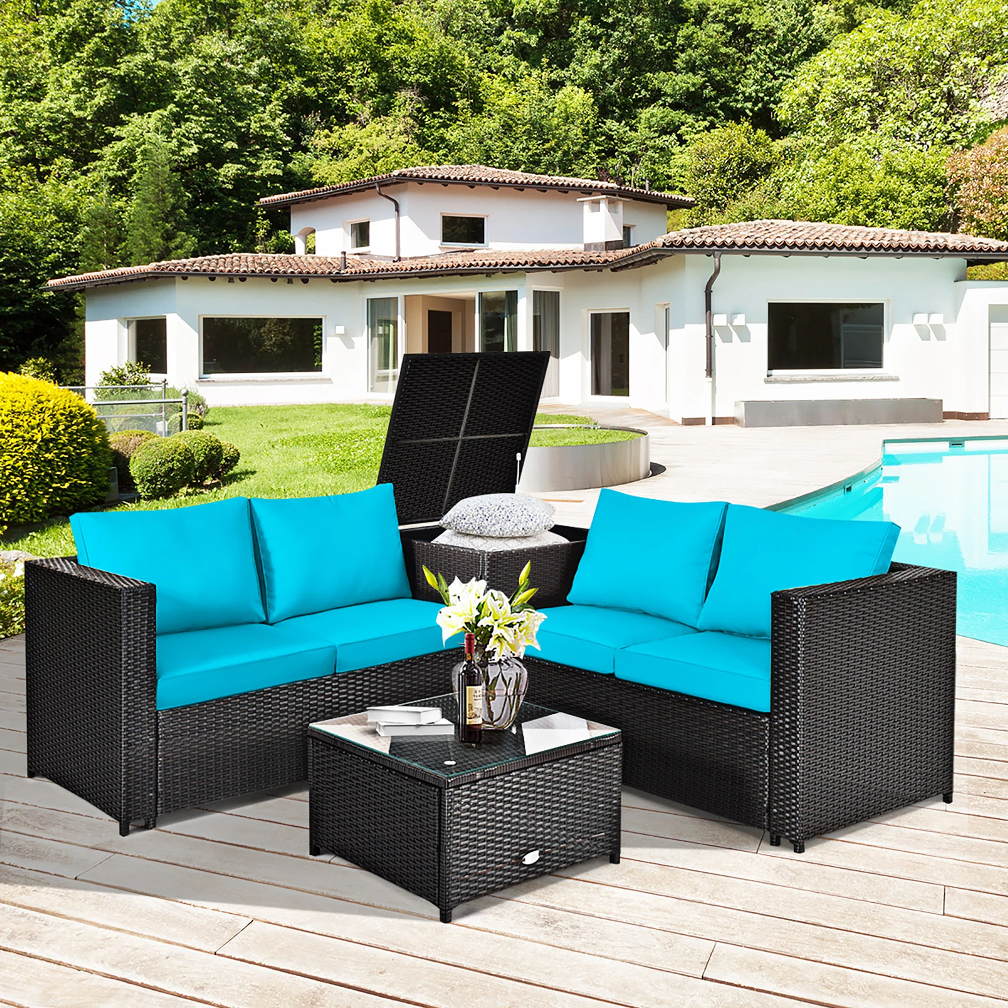 Outdoor Pátio Rattan Móveis Set, Turquesa Loveseat, Mesa De Armazenamento, Almofada, 4Pcs