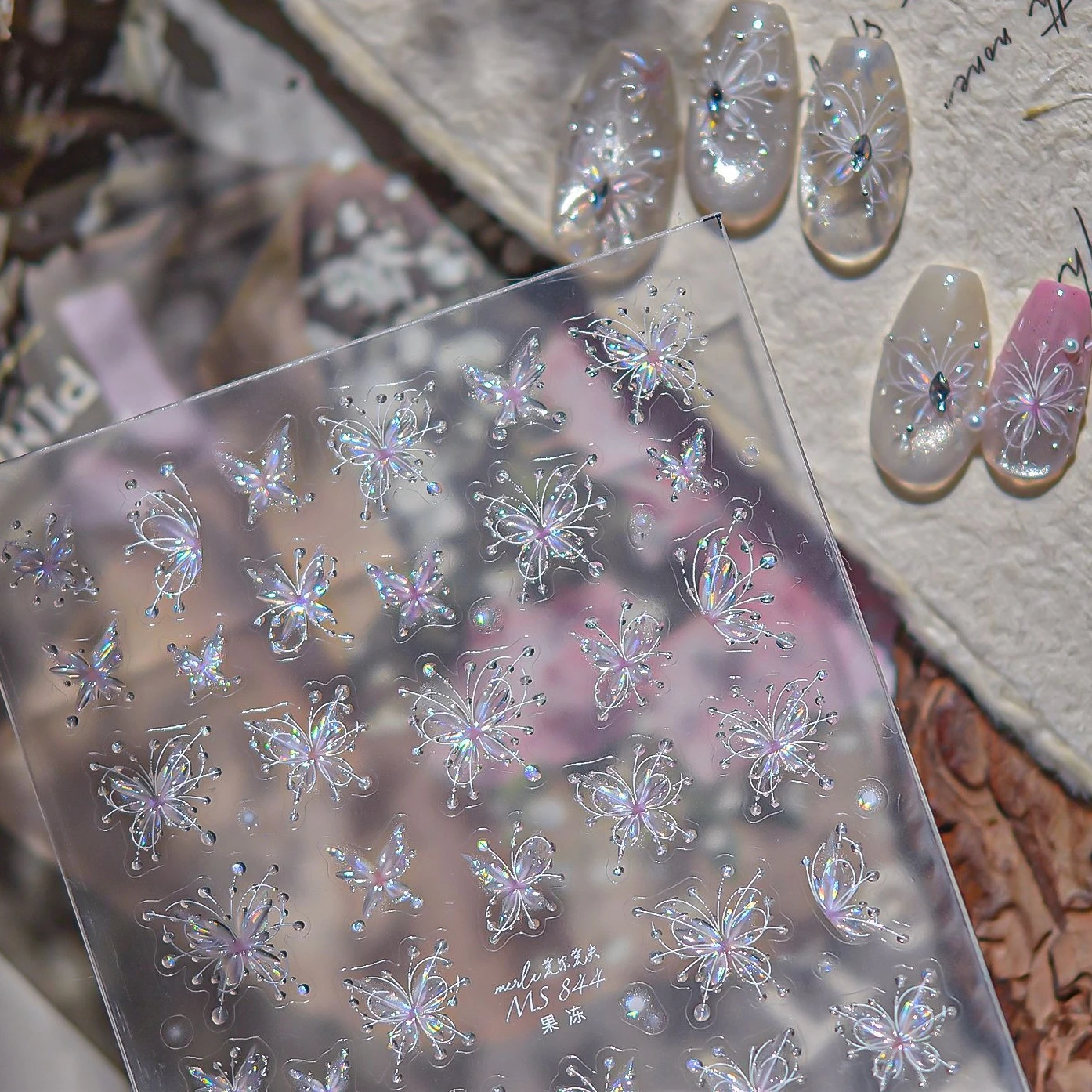 젤리 섬세한 나비 귀여운 별 몽환적인 라인 물방울 핑크 화이트 라이트 럭셔리 셀프 접착 네일 아트 스티커 매니큐어 데칼