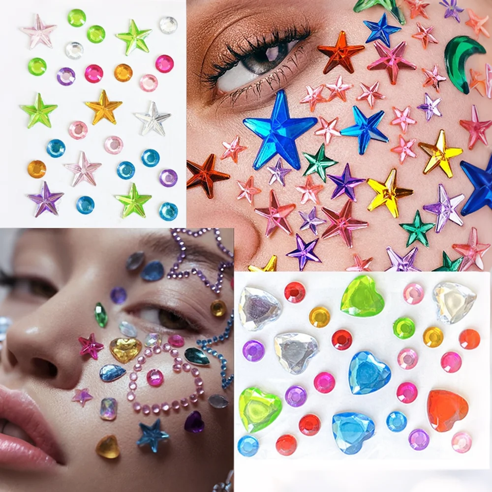 4Pcs Large Size Rainbow Face Gem Stickers Acrylic Rhinestone Heart Star Flower Adhesive Jewel Stickers DIY Makeup Photo Decor