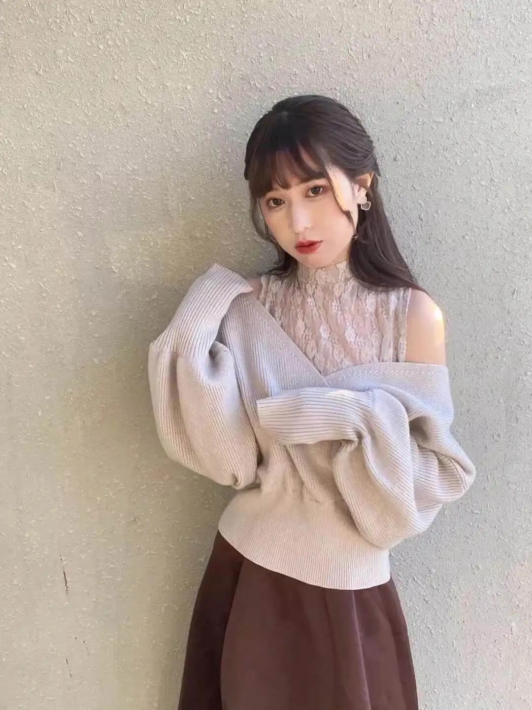SOIOMES Female Japanese Sweet Lace Collar Slimming Off Off Shoulder Sleeves Pure Desire Knitted Sweater Fake Two-piece Sweater