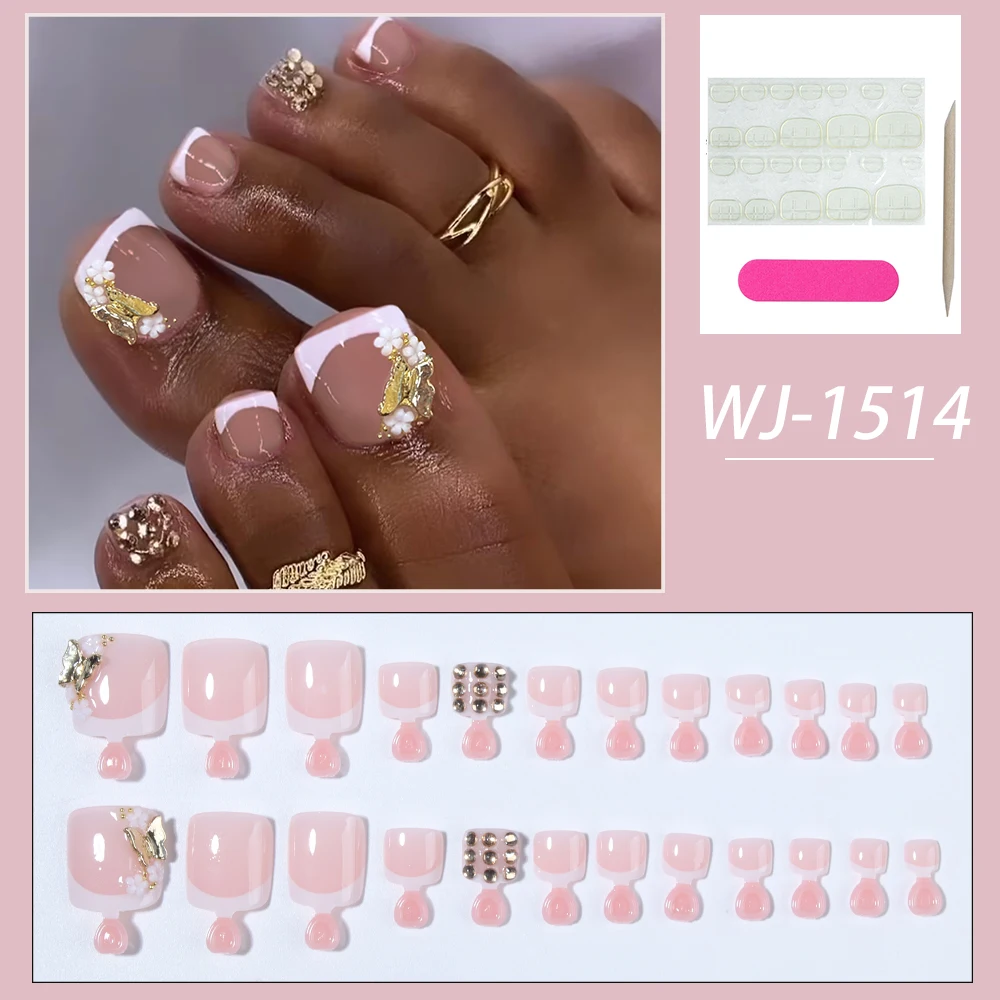 24 szt. Kwadratowe paznokcie sztuczne z motywem motyla i cyrkoniami, naklejane na paznokcie u stóp, krótkie, idealnie dopasowane, akrylowe paznokcie sztuczne.