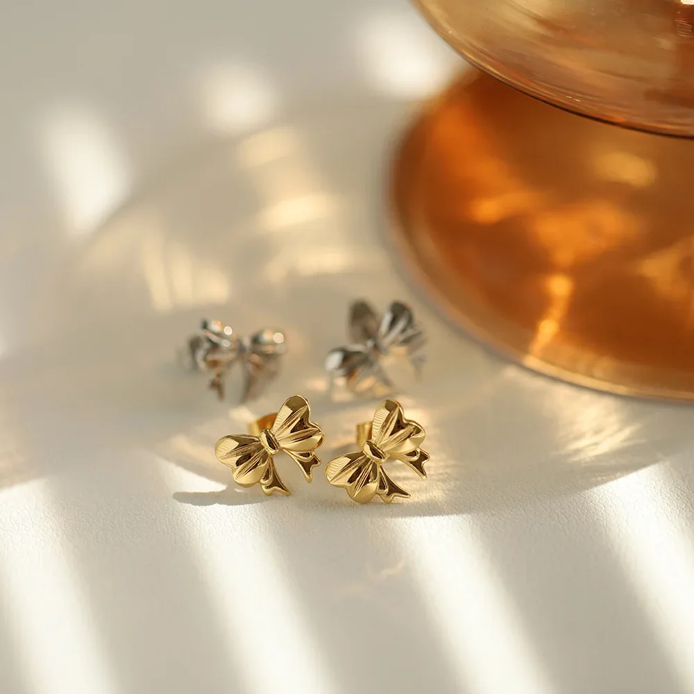 RHYSONG 316L Stainless Steel Gold Silver Color Delicate Butterfly Cute Stud Earrings Fashion Women Bow Design Rustproof Jewelry