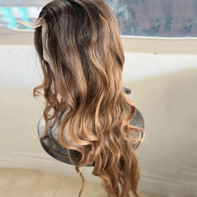 Long Ombre Caramel Wavy Lace Front Wig for Women 26 inch Middle Part Wavy Wig Synthetic Premium Fibre Heat Resistant Daily Use