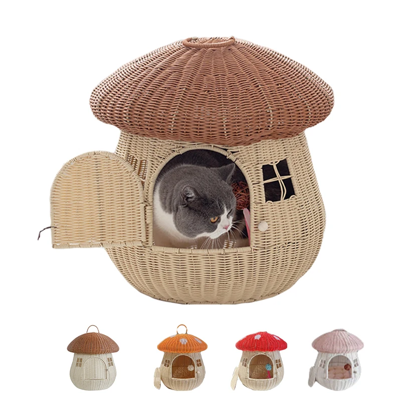 Imitation Rattan Woven Cat Nest Cartoon Mushroom Cats Condo Cave Portable Travel Pet Carrier Bag Comfy Kitten Small Dog House