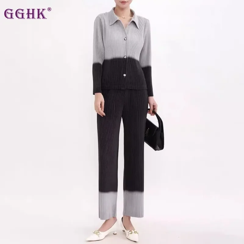 GGHK Women Two-piece Gradient Color Lapel Long-sleeved Jacket High-waisted Casual Straight Pants 2024 Autumn Winter New Suit