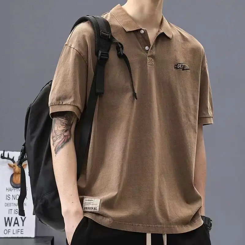 Retro Trendy Summer Polo Shirts Men Cotton T-shirt Lapel Button Embroidery Short Sleeve Loose Minimalist Breathable Casual Tops