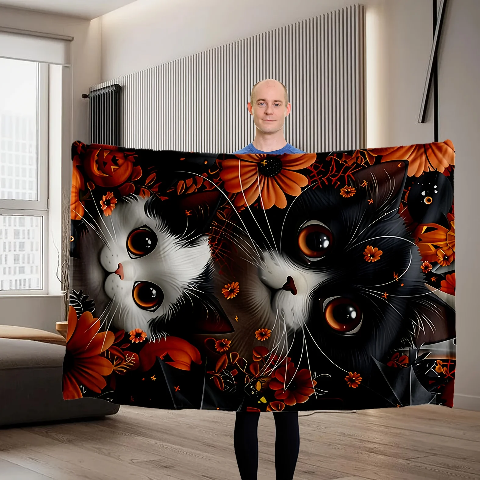 fluffy black and white cat Flannel printed blanket suitable for all seasons suitable for living room office sofa and travel