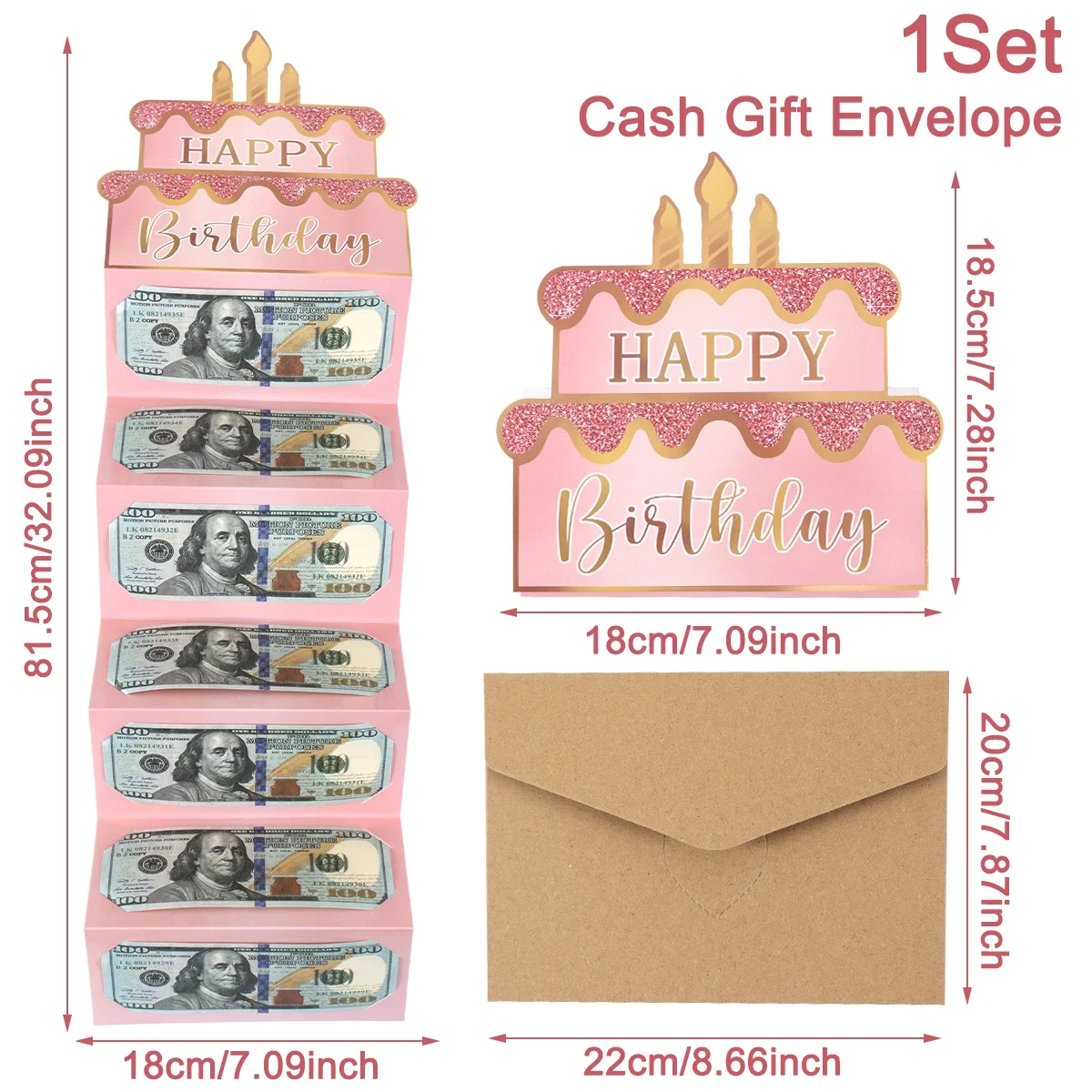 1 Stück Geburtstags-Geldgeschenkumschlag Rosa Kuchen-Design Gefalteter Geldhalter Karte für Geburtstagsfeier Geldverpackungszubehör – Detail 1