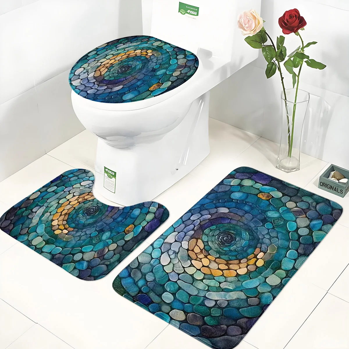 Colorful Stone Chip Collage Bathroom Three-Piece Set: Flannel Toilet Mat + Floor Mat + U-Shaped Foot Mat, Non-Slip, Water-Absorbent, Washable, Textured Style Bathroom Decoration Set