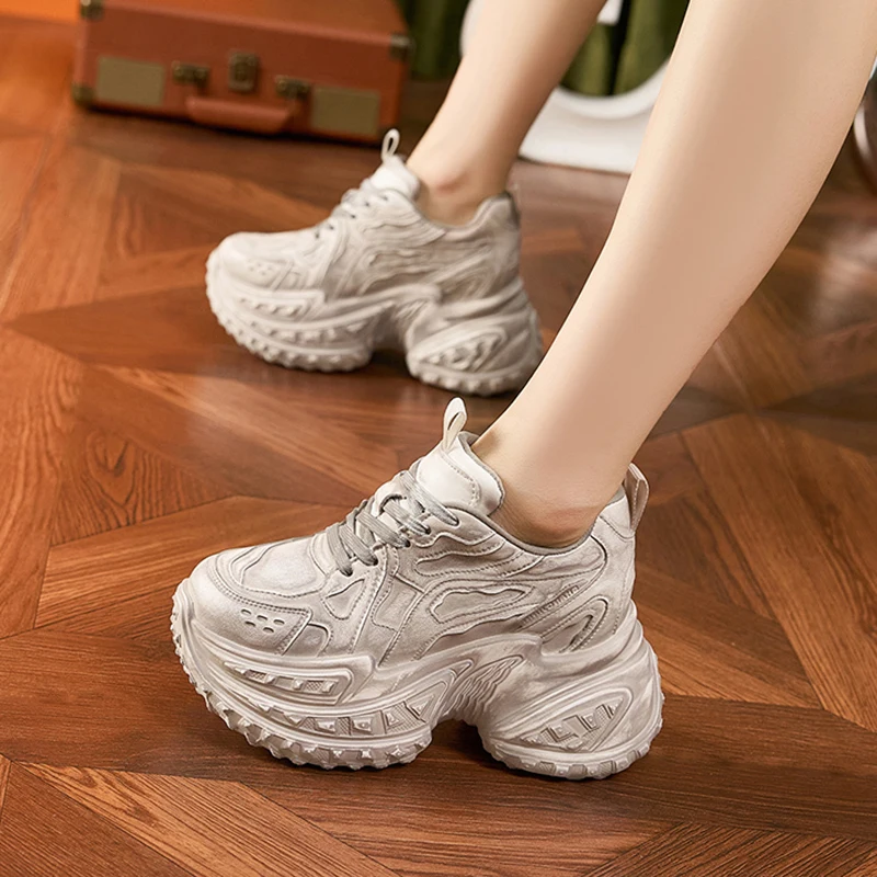 10cm Platform Wedge Sneakers Chunky Genuine Leather Women Spring Shoes New Autumn Winter Walking Sneakers Vulcanize Fashion image 3