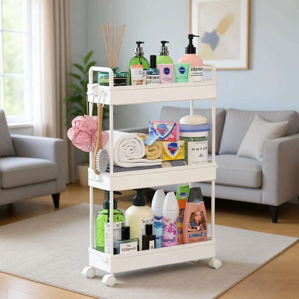 

Трехуровневая узкая тележка-органайзер на колесиках для ванной и прачечной, экономит пространство для небольших помещений